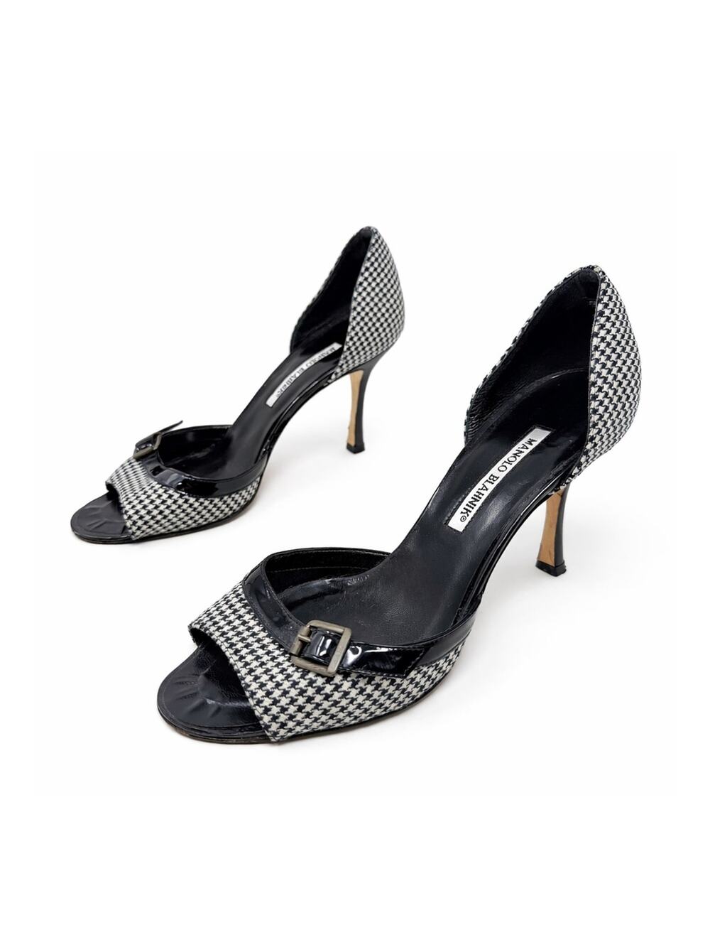 Manolo Blahnik Houndstooth Patent Open Toe D’Orsay Heels Womens Size EU 38.5
